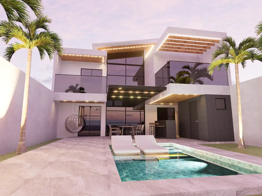 Casa com piscina ao entardecer