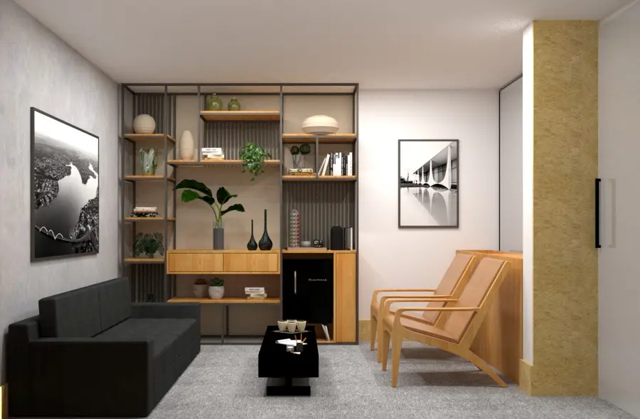 Living com estante e poltronas